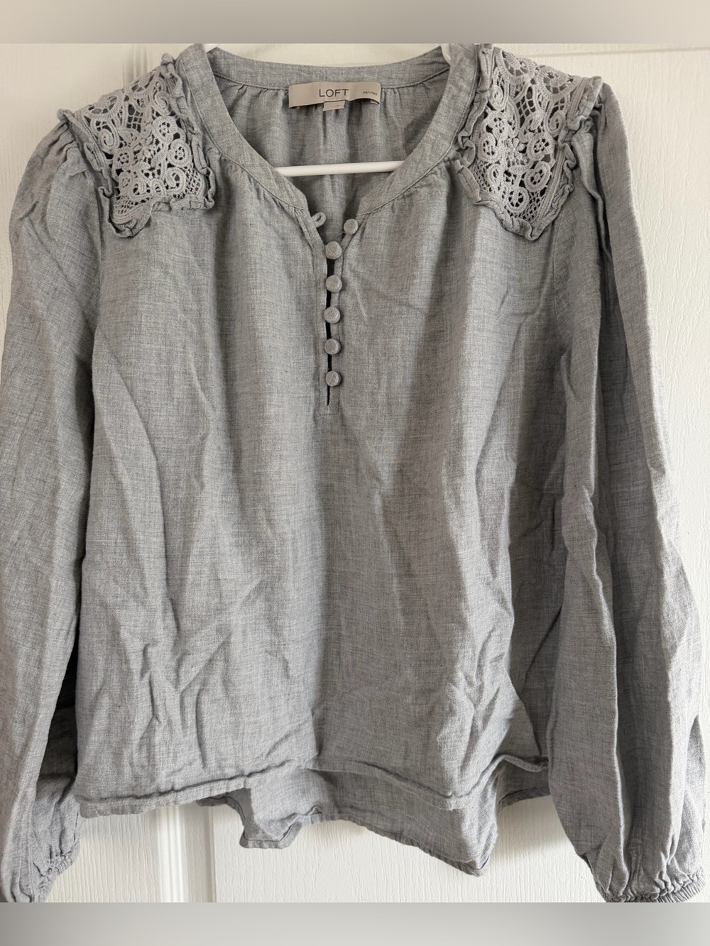 LOFT Light Gray Crochet-Shoulder Button Front Blouse